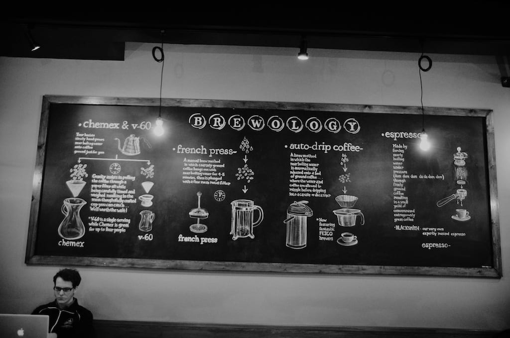 Quills Coffee Cardinal Towne brew board This board actually is no longer in the shop, but there is a sweet chalk mural of three scientists/philosophers sharing coffee together.