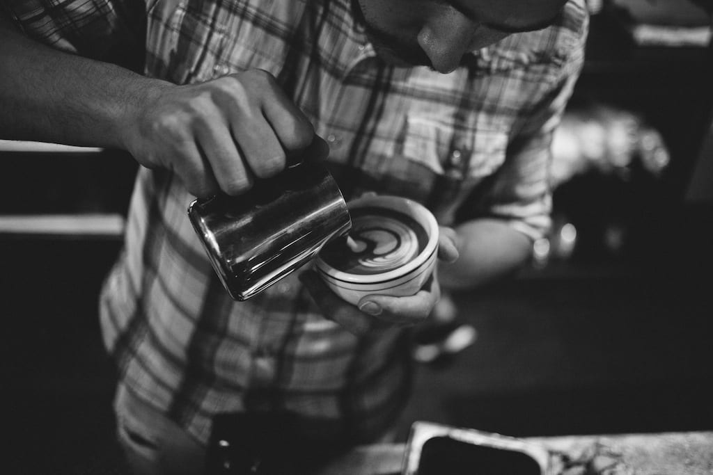 Sunergos Preston Latte Art Kenny Smith, the SCAA 2013 Latte Art National Champion pouring a tulip at the Sunergos Preston location...